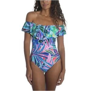 La Blanca Women Tropical Off the Shoulder Ruffle One-Piece Swimsuit Size US 4